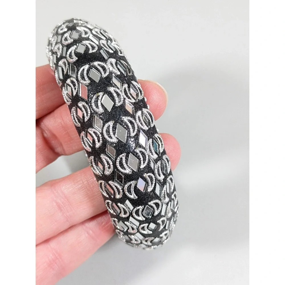 Black Silver‎ Tone mirror Crescent Moon Inlay Bangle Bracelet 8 inches